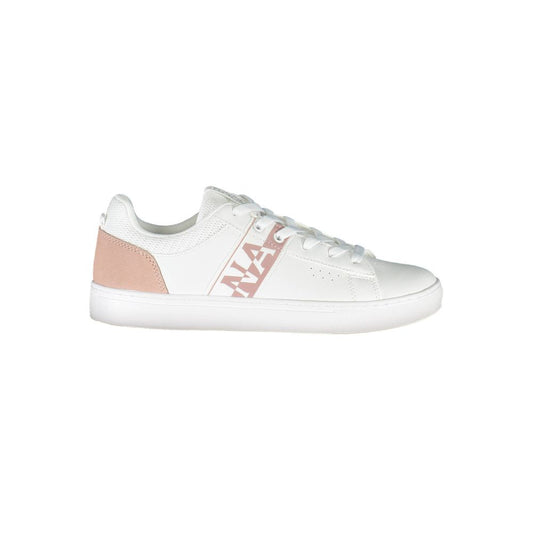 Napapijri White Leather Women Sneaker with contrasting details and logo on a white backdrop, offering contemporary style.