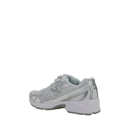 New Balance White Polyurethane Athletic Sneakers with mesh details and reinforced rubber sole, rear view.