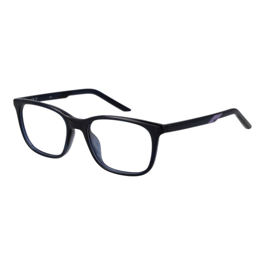 Nike Black Women Glasses Frame, stainless steel full-rim rectangle style, demo lenses, size 53-18-145, frame color blue.