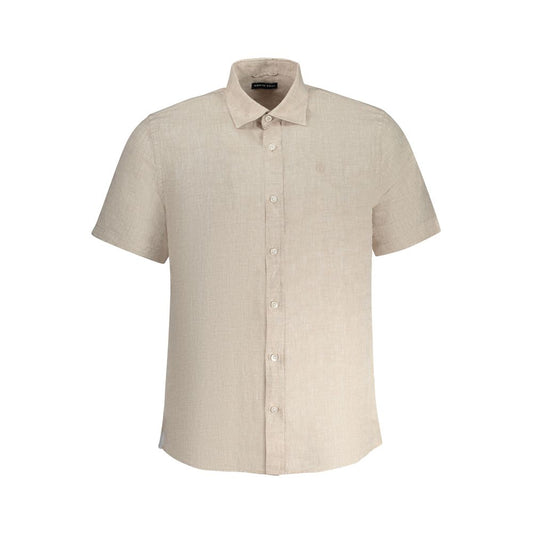 North Sails Beige Linen Shirt with short sleeves, Italian collar, and logo embroidery, designed with ocean-positive materials.
