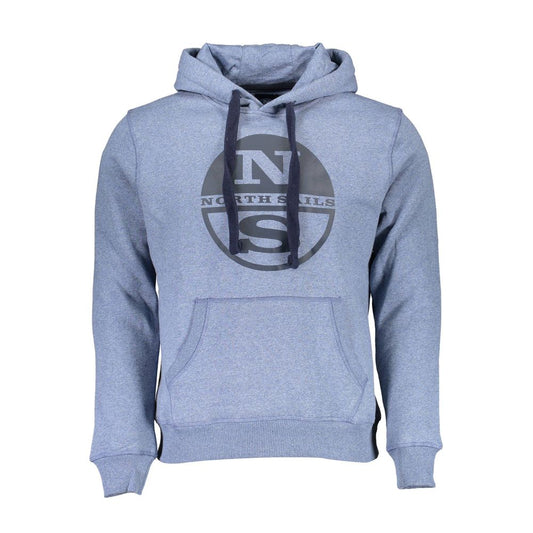 North Sails Blue Cotton Men Sweater with hood and iconic logo print, perfect for casual style and comfort.