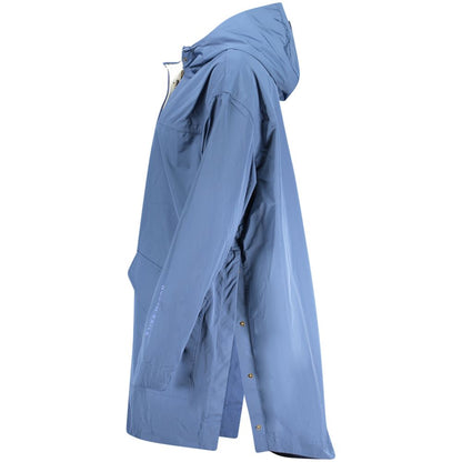 Side view of North Sails Blue Polyester Jackets & Coat, featuring hood, two pockets, buttons, zip, and logo.