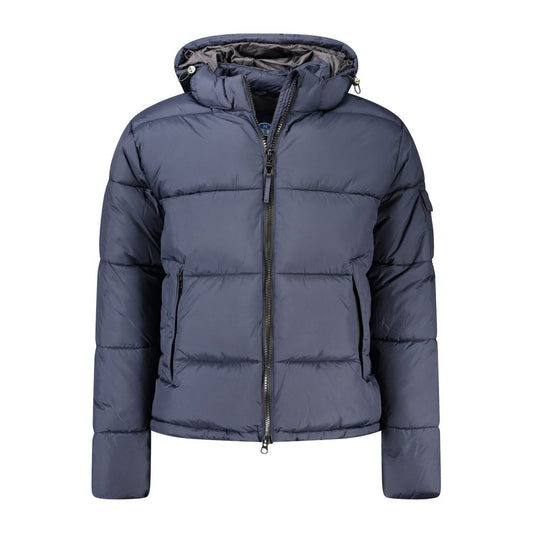 North Sails Blue Polyester Men Jacket with removable hood and multiple pockets.