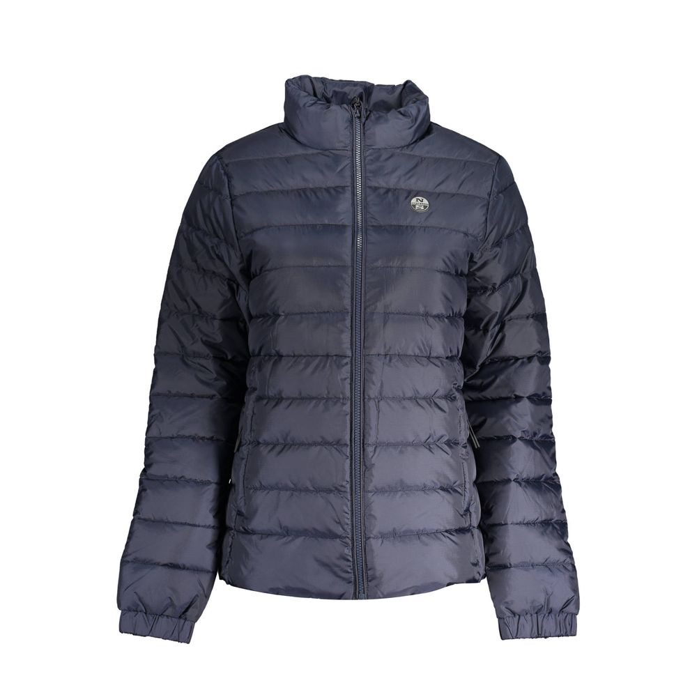 North Sails Blue Polyester Women Jacket with water-resistant finish and eco-friendly recycled fibers, showcasing long sleeves and padded design.