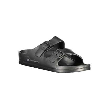 Norway 1963 Black Plastic Men Sandal with adjustable buckles and logo, showcasing comfortable and stylish design for modern men.