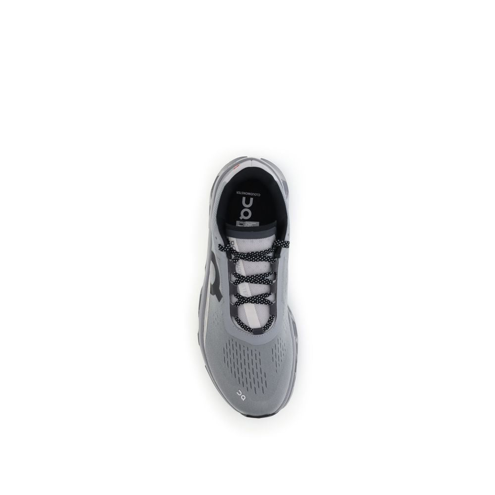 Top view of ON Gray Polyester Athletic Sneakers featuring lace-up closure and branded logo on the tongue for a modern look.