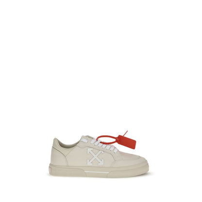 Off-White Beige Leather Low Top Sneakers with signature Arrow motif and Zip Tie tag, featuring a vulcanized rubber sole, AW25 collection.