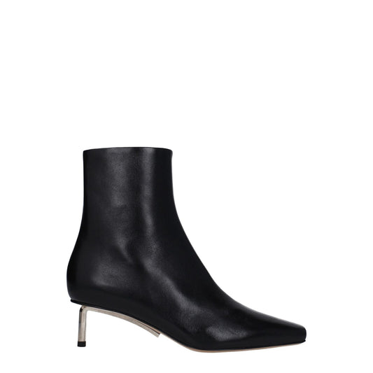Off-White Black Leather Ankle Boots with zip closure and mid heels, featuring square toe design.