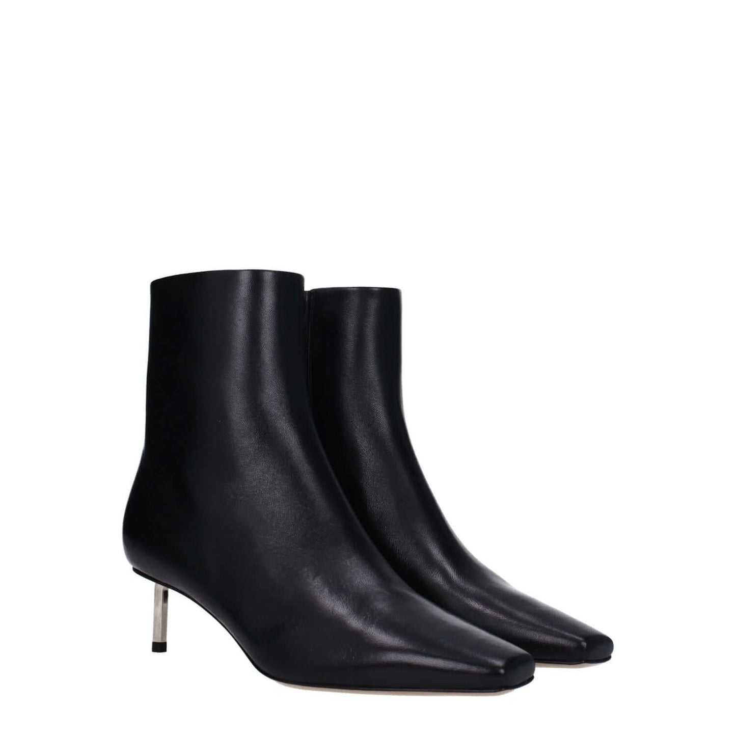 Off-White Black Leather Ankle Boots with a square toe and mid heels, featuring a zip closure and leather sole. Style for casual wear.
