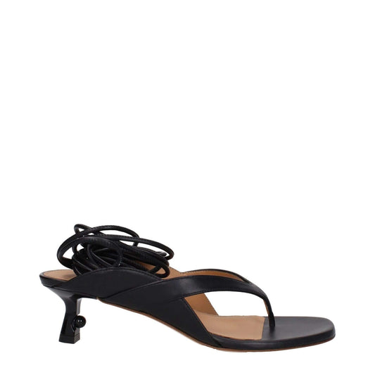 Off-White Black Leather Flip-Flop Sandals with self tie closure, open toe, mid heel, and leather sole.
