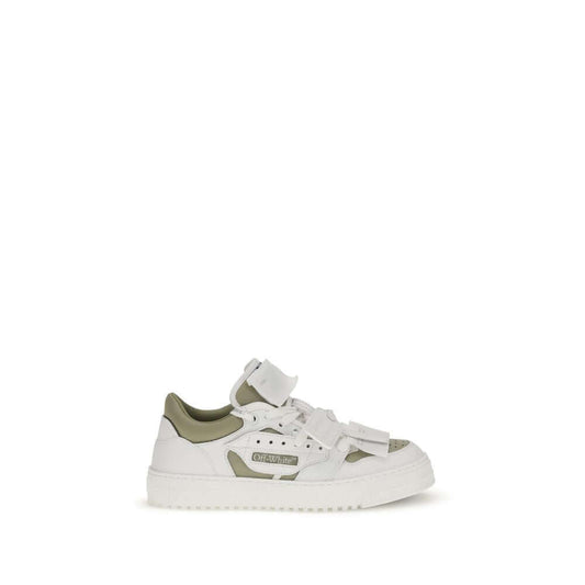 Off-White White Leather Low Top Sneakers with green accents, side logo, round toe, and rubber sole