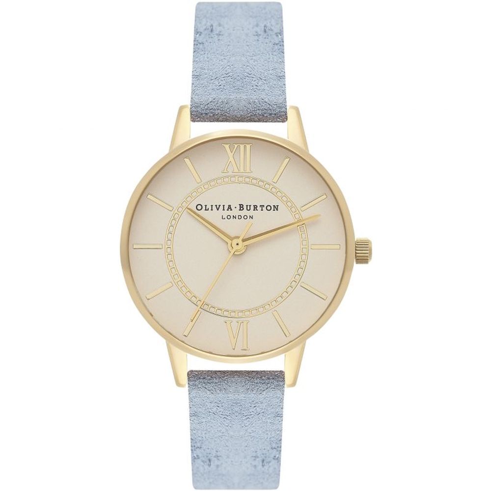 Olivia Burton Blue Artificial Leather Dress Watch with golden stainless steel case, beige dial, blue synthetic leather strap, and buckle closure