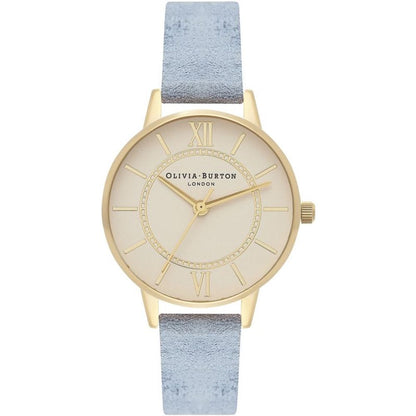 Olivia Burton Blue Artificial Leather Dress Watch with golden stainless steel case, beige dial, blue synthetic leather strap, and buckle closure