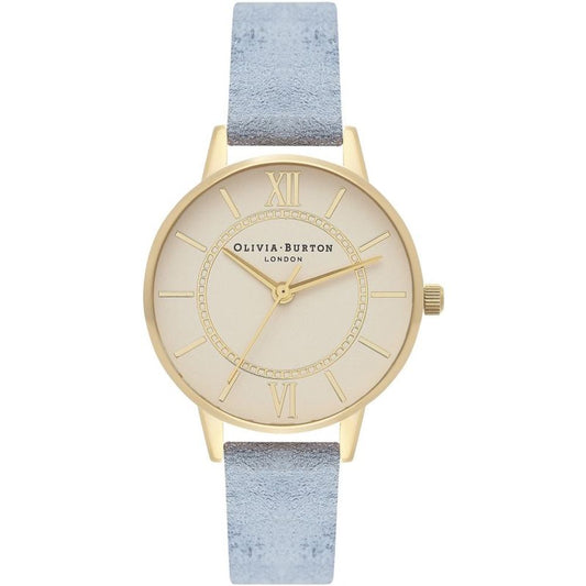 Olivia Burton Blue Artificial Leather Dress Watch with golden stainless steel case, beige dial, blue synthetic leather strap, and buckle closure