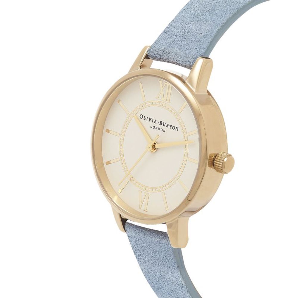 Olivia Burton Blue Artificial Leather Dress Watch with golden stainless steel case, beige dial, blue leather strap, and quartz mechanism.