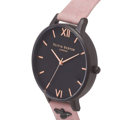 Olivia Burton Multicolor Artificial Leather Dress Watch with black dial, pink synthetic leather strap, and black stainless steel case.