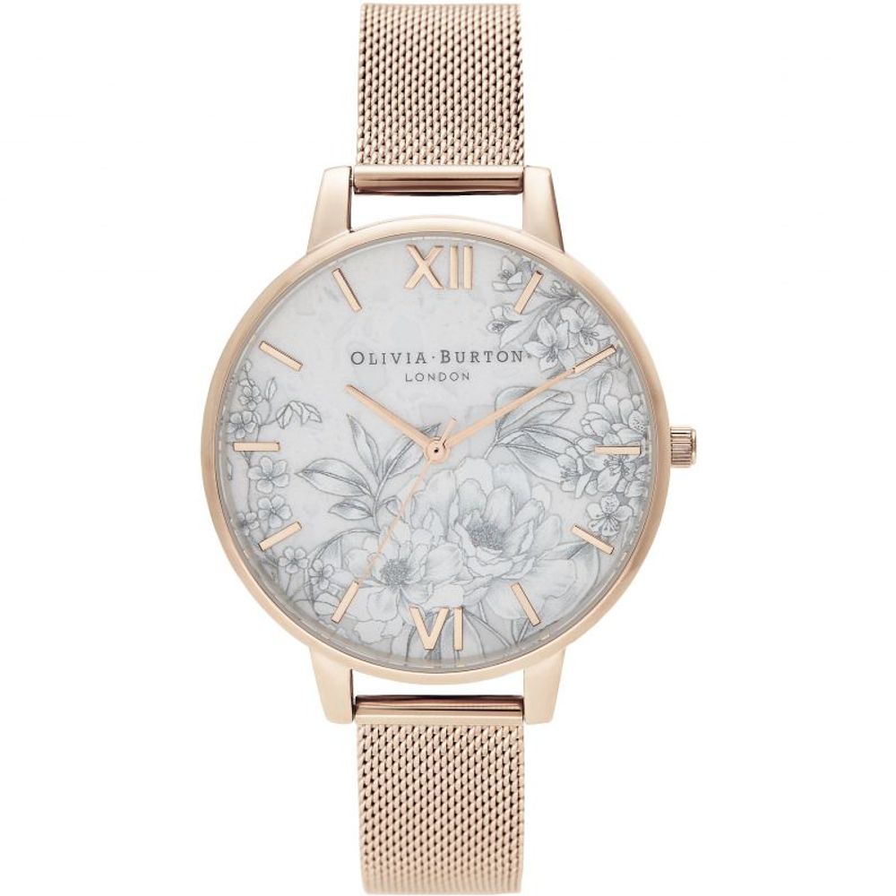 Olivia Burton Multicolor Stainless Steel Dress Watch with floral motif, pink stainless steel case, and Milanese mesh bracelet.