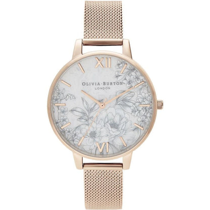 Olivia Burton Multicolor Stainless Steel Dress Watch with floral motif, pink stainless steel case, and Milanese mesh bracelet.