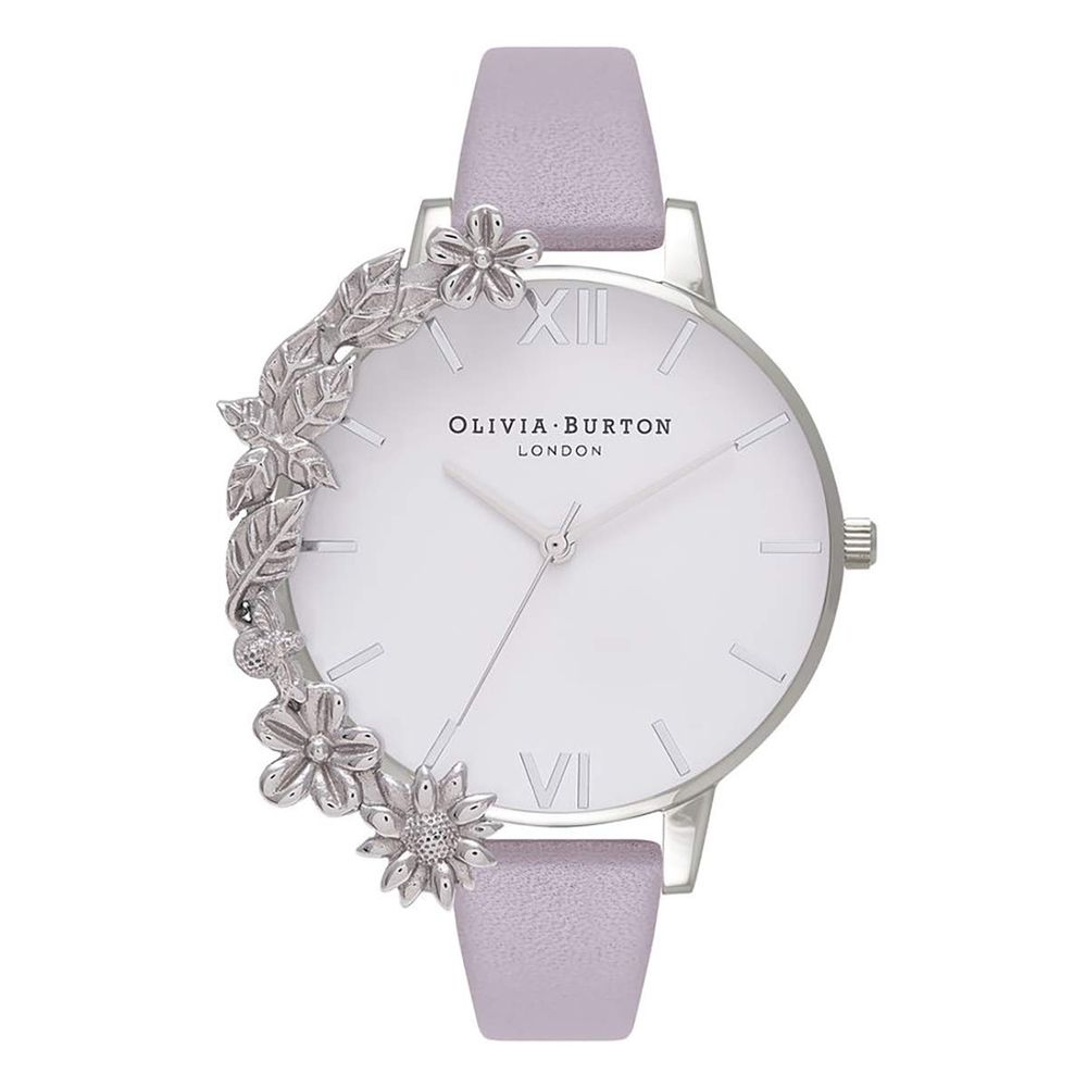 Olivia Burton Purple Artificial Leather Dress Watch with floral detail, silver stainless steel case, violet strap, and white dial.