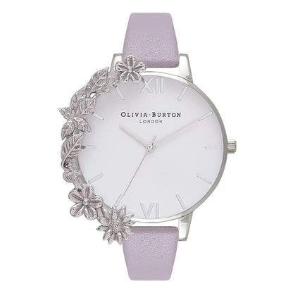 Olivia Burton Purple Artificial Leather Dress Watch with floral detail, silver stainless steel case, violet strap, and white dial.