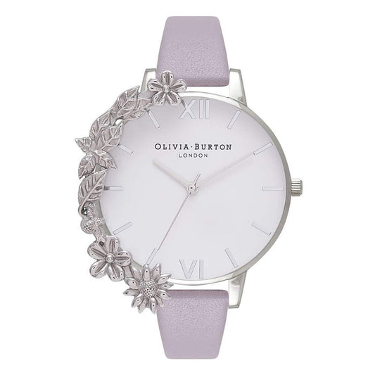Olivia Burton Purple Artificial Leather Dress Watch with floral detail, silver stainless steel case, violet strap, and white dial.