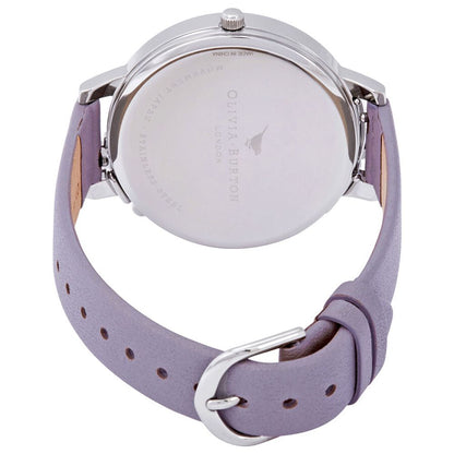 Back view of Olivia Burton Purple Artificial Leather Dress Watch with a silver stainless steel case and violet synthetic leather strap