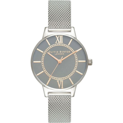 Olivia Burton Silver Stainless Steel Dress Watch with grey dial, analog display, and silver mesh bracelet.
