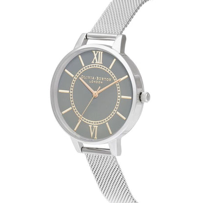 Olivia Burton Silver Stainless Steel Dress Watch with grey dial, analog display, and sliding closure, 34mm case, water-resistant 1 ATM.