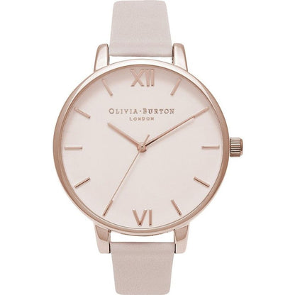 Olivia Burton White Artificial Leather Dress Watch with pink dial and stainless steel case, analog quartz mechanism, and buckle closure.
