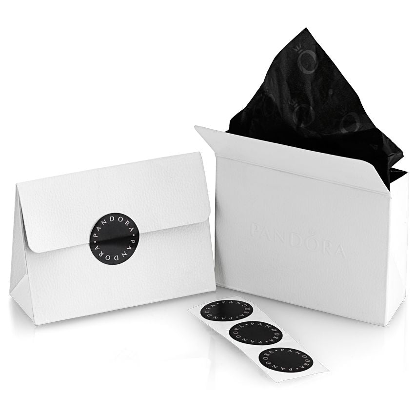 Official packaging for PANDORA JEWELRY Mod. 599539C00-18 displayed with branded black and white box and stickers.