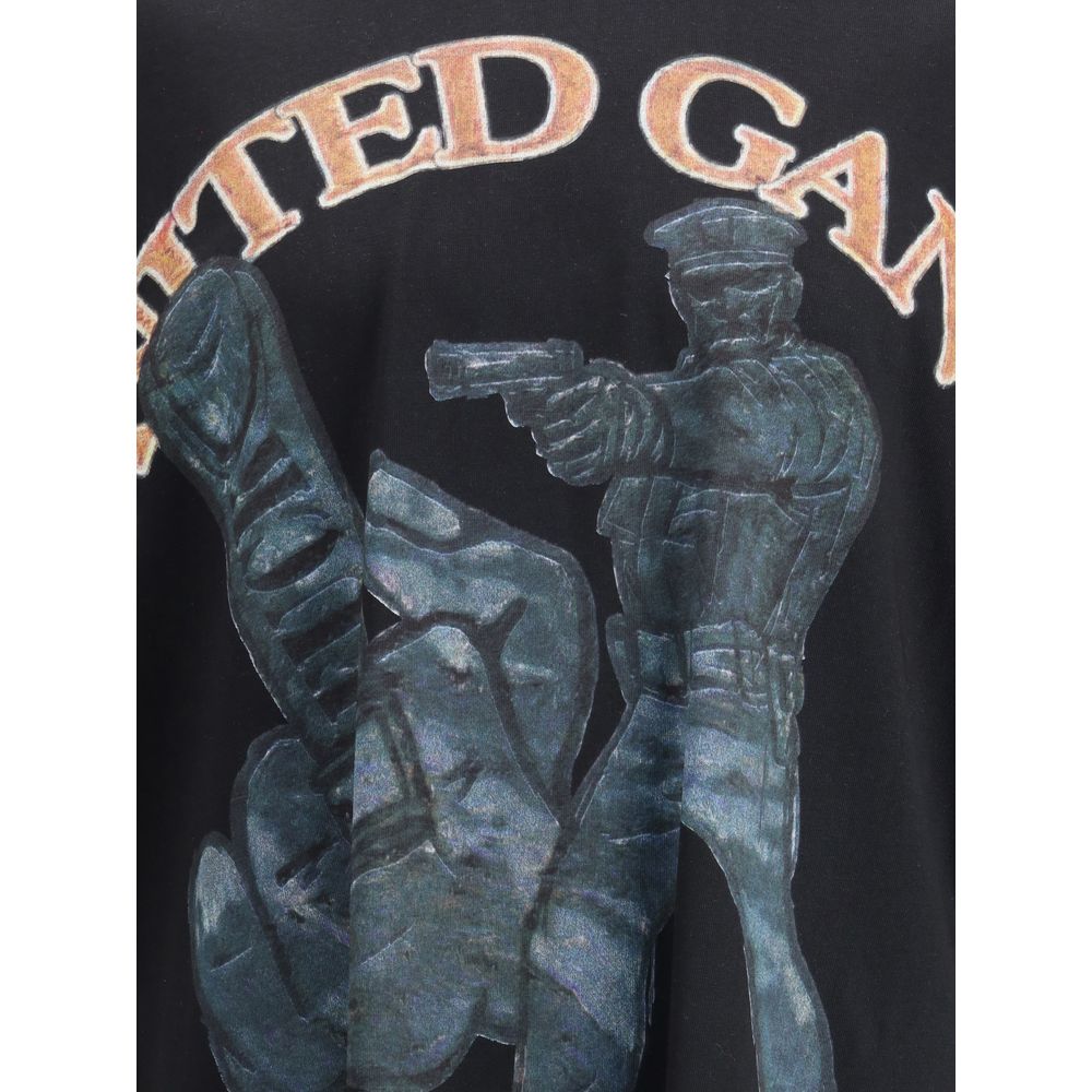 PDF Channel Black Cotton T-Shirt with embossed graphic design, featuring a bold screen print of a figure and text for a modern, stylish look.