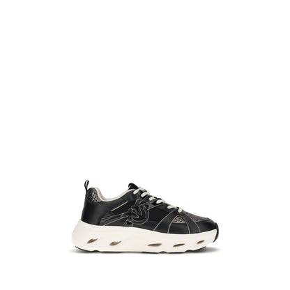 PINKO Black Calf Leather Bos Taurus Chunky Sneakers with mesh inserts and Love Birds logo on a white sole, side view.