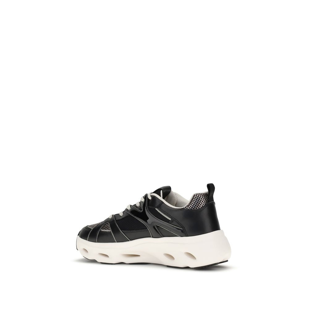 Side view of PINKO Black Calf Leather Bos Taurus Chunky Sneakers with mesh inserts and Love Birds logo on thick white sole.