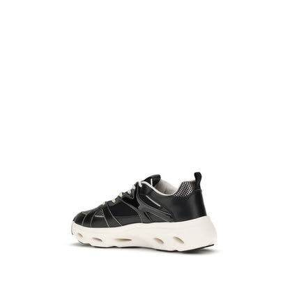 Side view of PINKO Black Calf Leather Bos Taurus Chunky Sneakers with mesh inserts and Love Birds logo on thick white sole.