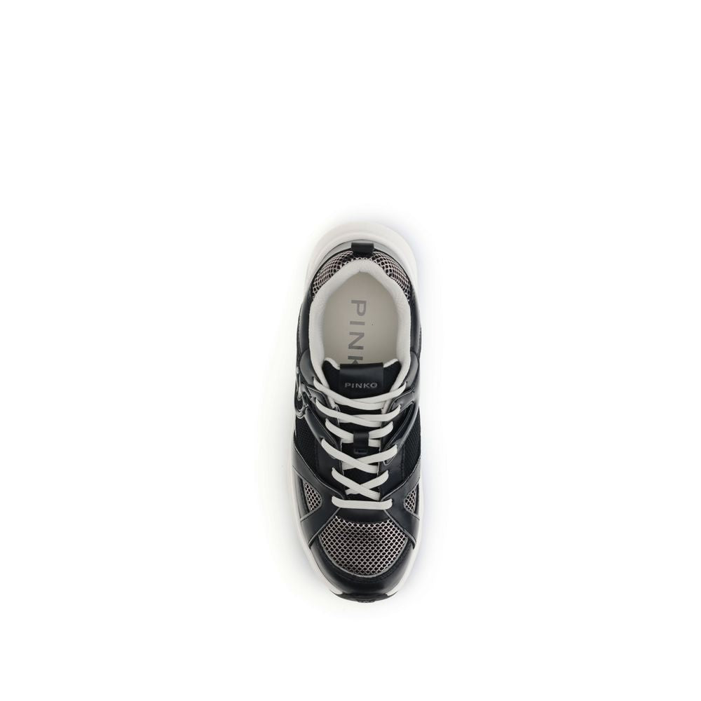 Top view of PINKO Black Calf Leather Bos Taurus Chunky Sneakers with mesh inserts and Love Birds logo.