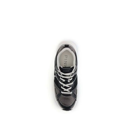 Top view of PINKO Black Calf Leather Bos Taurus Chunky Sneakers with mesh inserts and Love Birds logo.