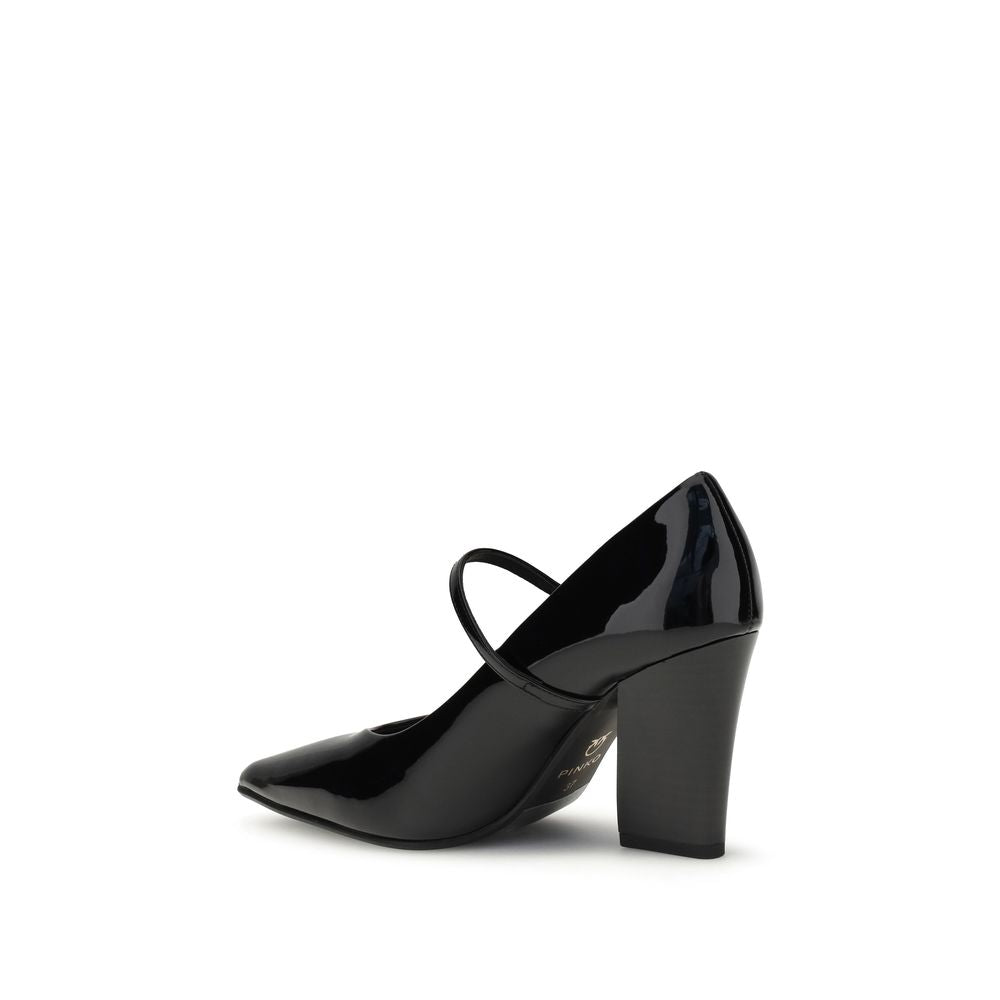 PINKO Black Calf Leather Bos Taurus High Heel Pumps in glossy patent leather with adjustable strap and cubic heel.