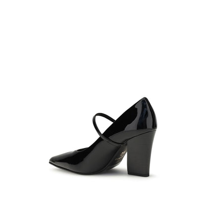 PINKO Black Calf Leather Bos Taurus High Heel Pumps in glossy patent leather with adjustable strap and cubic heel.