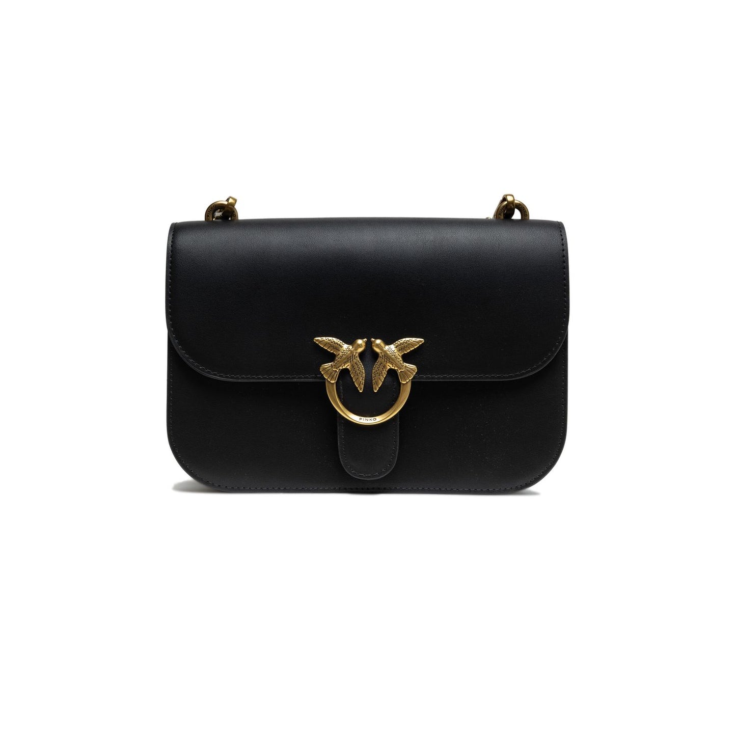 PINKO Black Leather Love Bell Classic Shoulder Bag with iconic Love Birds buckle and suede interior lining.