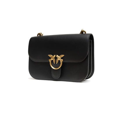 PINKO Black Leather Love Bell Classic Shoulder Bag with gold Love Birds buckle and removable chain strap.