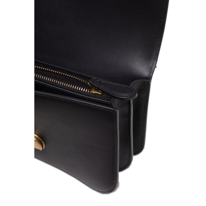 Interior view of PINKO Black Leather Love Bell Classic Shoulder Bag showing suede microfiber lining and zip divider.