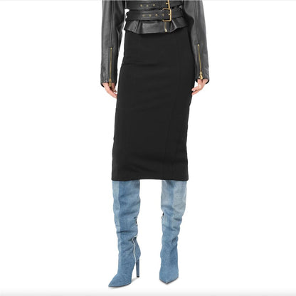 PINKO Black Viscose Skirt with rear zip closure, slim fit, technical fabric, Italian made, styled with denim knee-high boots.