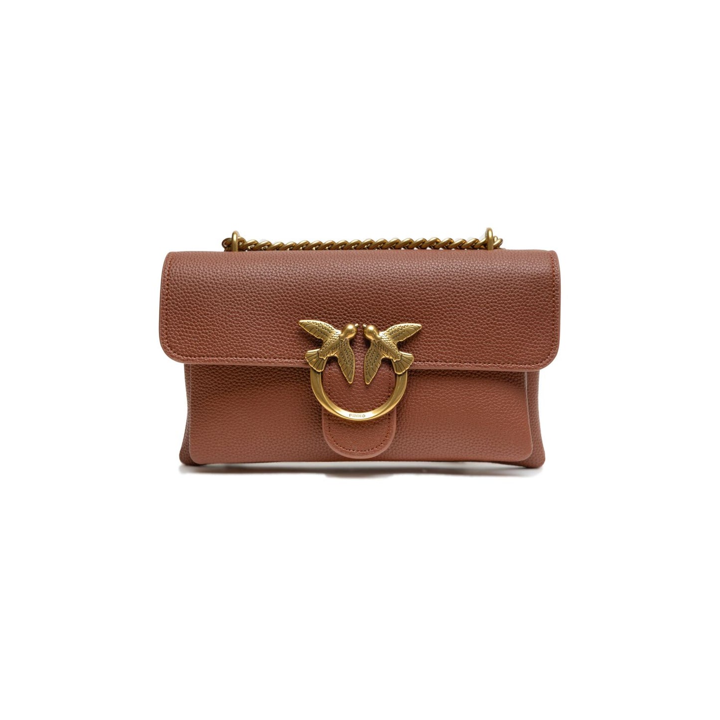 PINKO Brown Leather Love Boucle Riga Shoulder Bag with front zip pocket and gold metal Love Birds buckle, stylish and versatile.