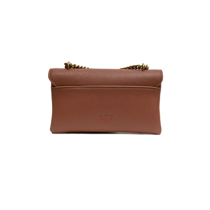 PINKO Brown Leather Love Boucle Riga Shoulder Bag featuring a soft silhouette and sliding chain strap, back view with flap detail.