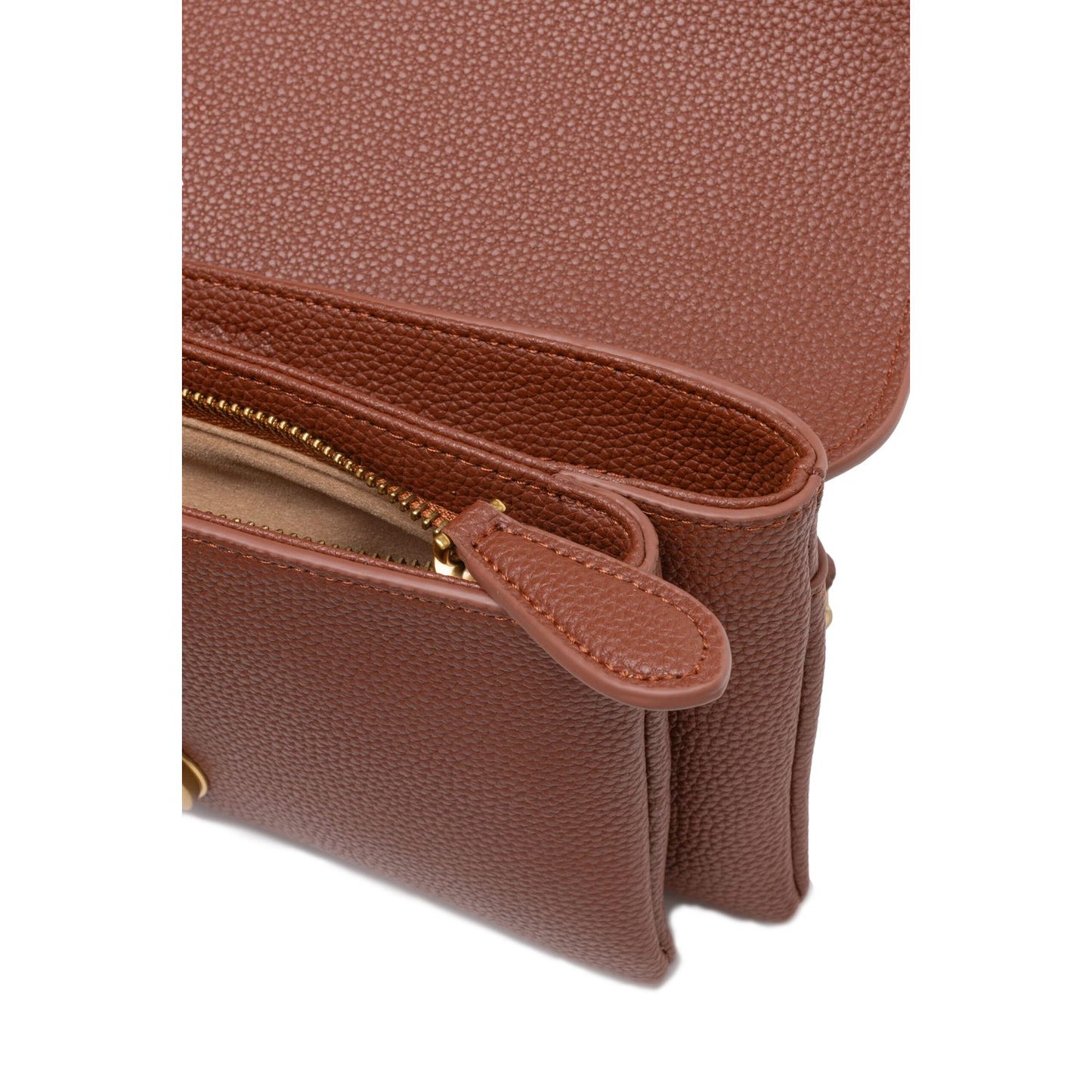 Close-up view of PINKO Brown Leather Love Boucle Riga Shoulder Bag showing hammered leather texture and interior zipper pocket.