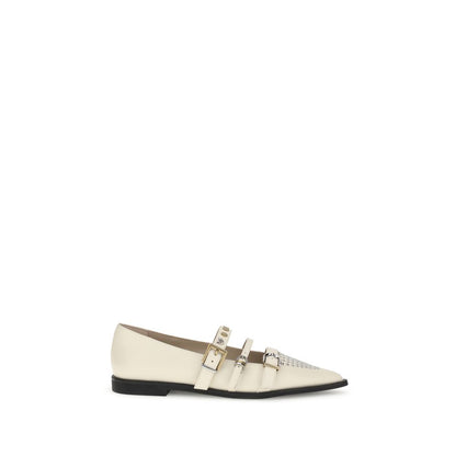 PINKO Cream Leather Ballet Flats with studded design and three-buckle closure, almond toe, and ankle strap, 100% leather, AW25 collection.
