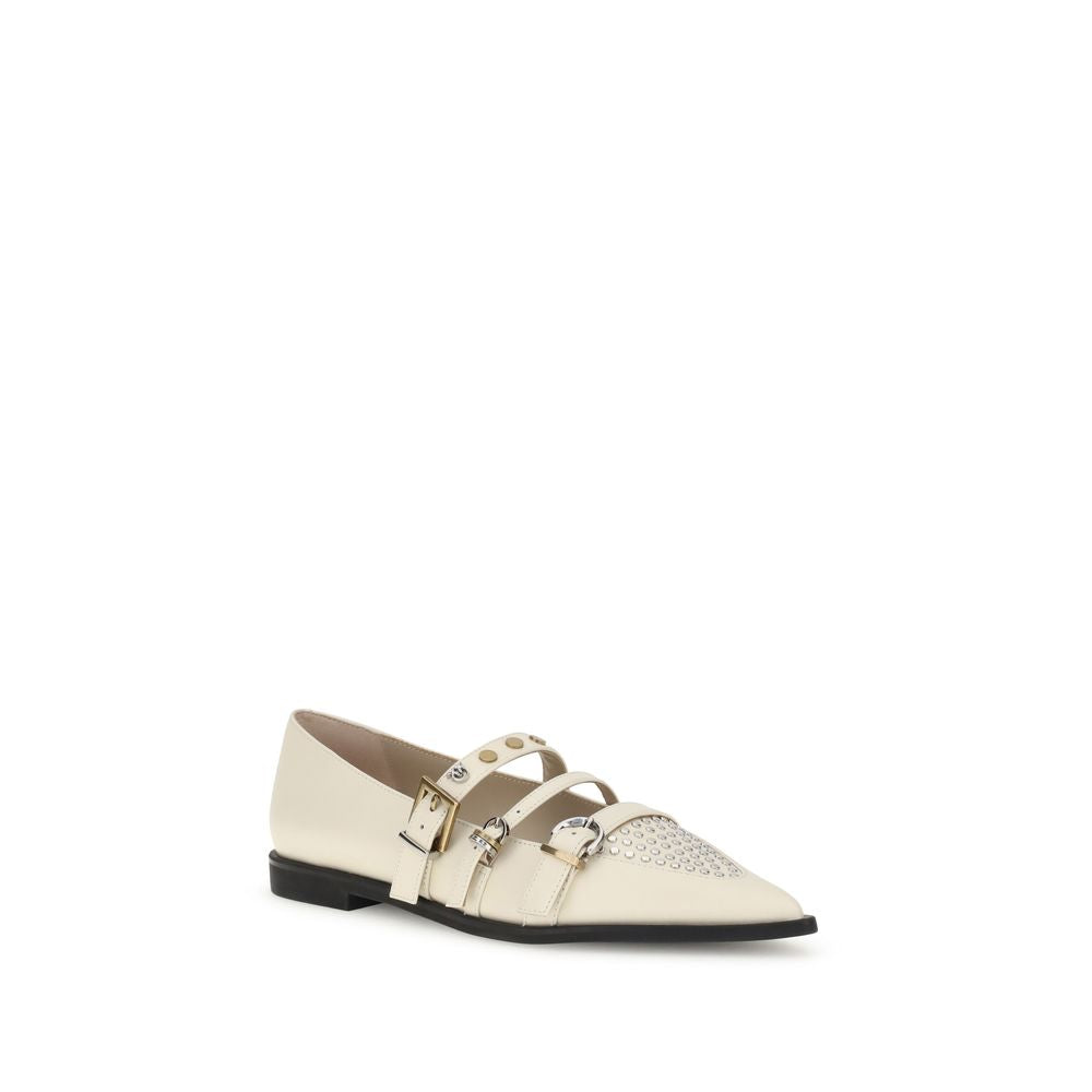 PINKO Cream Leather Ballet Flats with studded design and three-buckle closure, showcasing a bold feminine look.