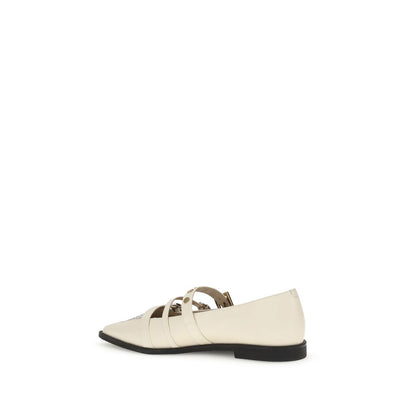 Side view of PINKO Cream Leather Ballet Flats with studded design and three-buckle closure.