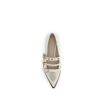PINKO Cream Leather Ballet Flats with studded design, almond toe, and three-buckle closure for a bold and feminine look.