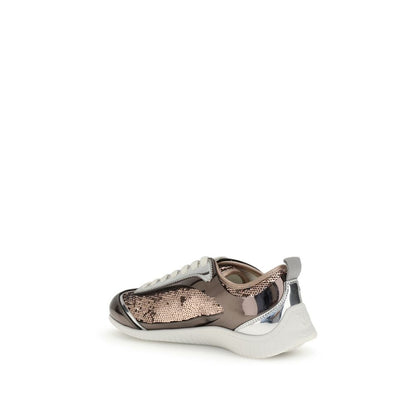 PINKO Multicolor Polyamide Low Top Sneakers with sequined fabric and side logo, featuring embossed Loving Birds detail and rubber sole, rear view.